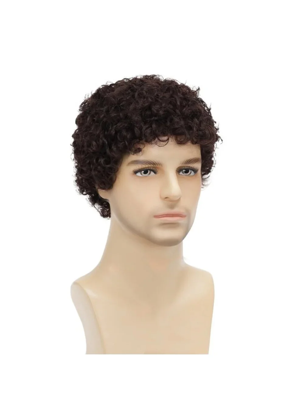 Mens Dark Brown Short Afro Kinky Curly Natural Synthetic Wig Bangs Cosplay Style